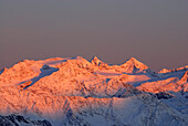 Sonklarspitze, Zuckerhuetl and Wilder Pfaff in alpenglow, view from the south, Stubaier Alpen range, Stubai range, South Tyrol, Italy