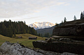 Hay barn, Karwendel range in background, Werdenfelser Land, Bavaria, Germany
