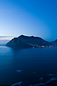 Hout Bay at dusk, view at Table Mountain and Lion's Head, Cape Town, South Africa, Africa