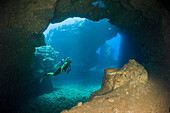 Diver at Caves of Lava Tubes, Cathedrals of Lanai, Maui, Hawaii, USA
