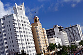 Delano and National Hotels on Collins Avenue under blue sky, Miami Beach, Florida, USA