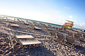 Deck chairs on the deserted South Beach, Miami Beach, Florida, USA