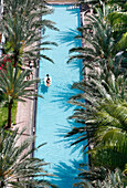 View at the swimming pool of the National Hotel in the sunlight, South Beach, Miami Beach, Florida, USA