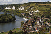 Meander of Seine river, France. Cruise barge stopped at les Petit Andelys.