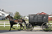 State Road 5, horse-drawn Amish buggy. Shipshewana. Indiana. USA.