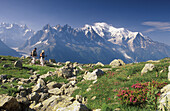 Hiker in front of Mont Blanc-Massif, 4807 m, Chamonix, Haute Savoie, Alps, France