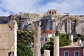 Views of the Acropolis and the Erechtheion from the Roman Forum in Athens, Greece.