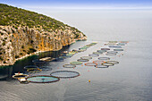 Fish farm and wiers in the Saronic Gulf near Epidavrous, Greece.
