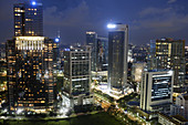 Aerial view on the Central Business District at Jalan Casablanca in downtown Jakarta, Kunigan area, at night with lights still on in the high rising office buildings, Indonesia, Southeast Asia