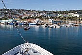 Cruiseship MS Hanseatic approaching a marina, Mossel Bay, Western Cape, South Africa, Africa