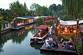 Club der Visionaere, restaurants, cafés, bars at Flutgraben in the evening, canal, Treptow, Berlin, Germany