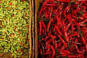 Red and green chilis at the market at Jimbaran, Bali, Indonesia, Asia