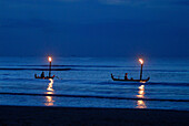 Boats with lanterns on the water in the evening, Jimbaran, South Bali, Indonesia, Asia