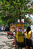 Eine Frau steht neben einem Imbisswagen am Strassenrand, Candi Dasa, Ost Bali, Indonesien, Asien