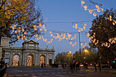 Spain. Madrid. Puerta de Alcalà at Christmas time