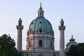 Karlskirche, Charles` church, dome, cupola, columns with relief, roman style, baroque era, first morning light, Vienna Austria