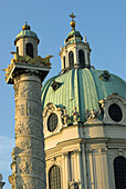 Karlskirche, Charles` church, dome, cupola, column with relief, roman style, baroque era, first morning light, Vienna Austria