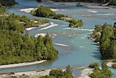 Durance, wild mountain river, turquoise water, islands and gravel banks, riverine forest, French Alps, Haute Dauphiné, France