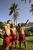 Three Hawaiian native men in Polynesian Cultural Center. Oahu. Hawaii. USA