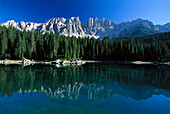 View at the Karer Lake and mountains under blue sky, Dolomites, South Tyrol, Italy, Europe