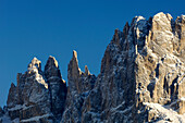 Berglandschaft in Winter mit Vajolettürme, Tiers, Karerpass, Rosengarten, Rosengartengruppe, Eggental, Südtirol, Italien