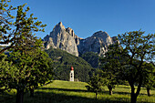 Church of St. Valentin with onion dome in Spring, Siusi, Seis am Schlern, South Tyrol, Italy