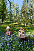 Zwei Mädchen auf einer Blumenwiese, Südtirol, Italien, Europa