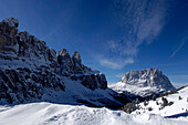 Snow covered mountains under blue sky, Dolomites, South Tyrol, Italy, Europe