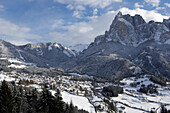 View at a village in a valley in winter, Siusi, Valle Isarco, South Tyrol, Italy, Europe