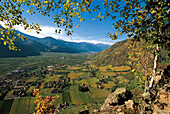 Aussicht über Etschtal, Herbstlandschaft und Weinbaugebiet, Terlan, Südtirol, Italien