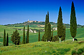 Landscape under blue sky, view at the town Pienza on a hill, Val d'Orcia, Tuscany, Italy, Europe