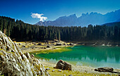 Lago di Carezza, view to Latemar, Dolomite Alps, South Tyrol, Italy