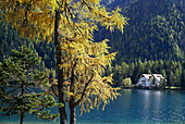 Hotel on the lake shore, Lago d'Anterselva, Dolomite Alps, South Tyrol, Italy