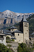 Torla church and paredes de Mondaruego, Ordesa National Park. Huesca province, Aragón, Spain