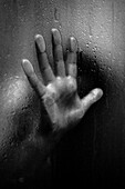 Adult, Adults, Anonymous, B&W, Black-and-White, Contact, Contemporary, Detail, Details, Finger, Fingers, Glass, Hand, Handprint, Handprints, Hands, Human, Humidity, Indoor, Indoors, Interior, One, One person, Open, Open hand, Open hands, People, Person, P