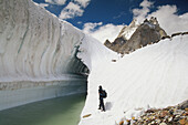 Hiker on Baltoro Glacier in Pakistan