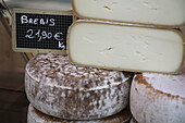 Cheese displayed at the Saturday morning market in Bayonne in south-west. France