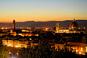 View over Florence with Duomo and Palazzo Vecchio at sunset, Florence, Tuscany, Italy, Europe