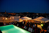 People at the roof deck of Grand Hotel Minerva with view over the city, Florence, Tuscany, Italy, Europe