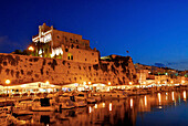 Marina and town hall at Ciutadella shortly after sunset, Minorca, Balearic Islands, Spain