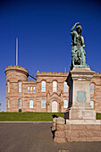 Inverness, Castle Hill, castle, 1833, Sheriff Court designed by William Burn, 1833-35, now District Court, by Thomas Brown, 1846-8, Flora Macdonald statue, Highland, Scotland, UK