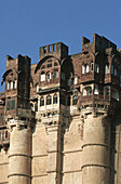 India, Rajasthan, Jodhpur, Mehrangarh fortress, Carved windows and arches in stonework