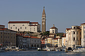 Piran, Piran Port, boats, St Georges Church, Belfry, Baptistry, sea front, Slovenia
