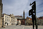 Piran, Tartini Square, italian style, typical houses, St Georges Church, Belfry, Town Hall, Slovenia