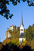 The St Martins Parish Church and Castle at Bled, slovenia