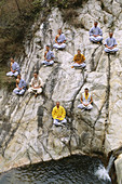 Wushu training center students in meditation, shaolin, China