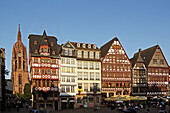 Römerberg, East Row and tower of the imperial cathedral Saint Bartholomew - Kaiserdom, Frankfurt, Germany