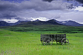 Old wagon and Rocky Mountains near Twin Butte, Alberta Canada