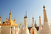 Stupas of the Taung Tho Kyaung Pagoda in the sunlight, Shan State, Myanmar, Burma, Asia