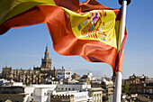 Spanish flag and Sevilla skyline from Torre del Oro, Sevilla. Andalucia, Spain.